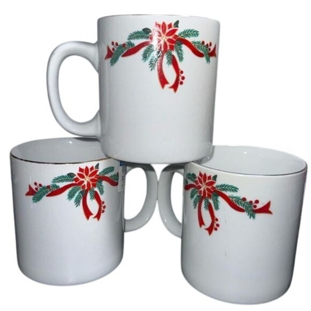Set Of 3 Poinsettia & Ribbons Fine China Holiday Mugs With Gold Trim Made In Chi